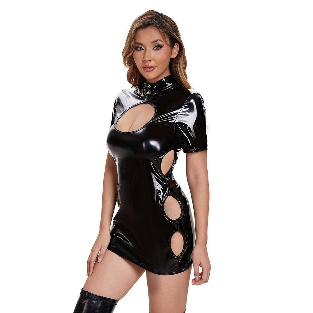 3554 Sexy Leather Dress, Shiny, Plus Size, Hot Breast Exposing, Short Hip